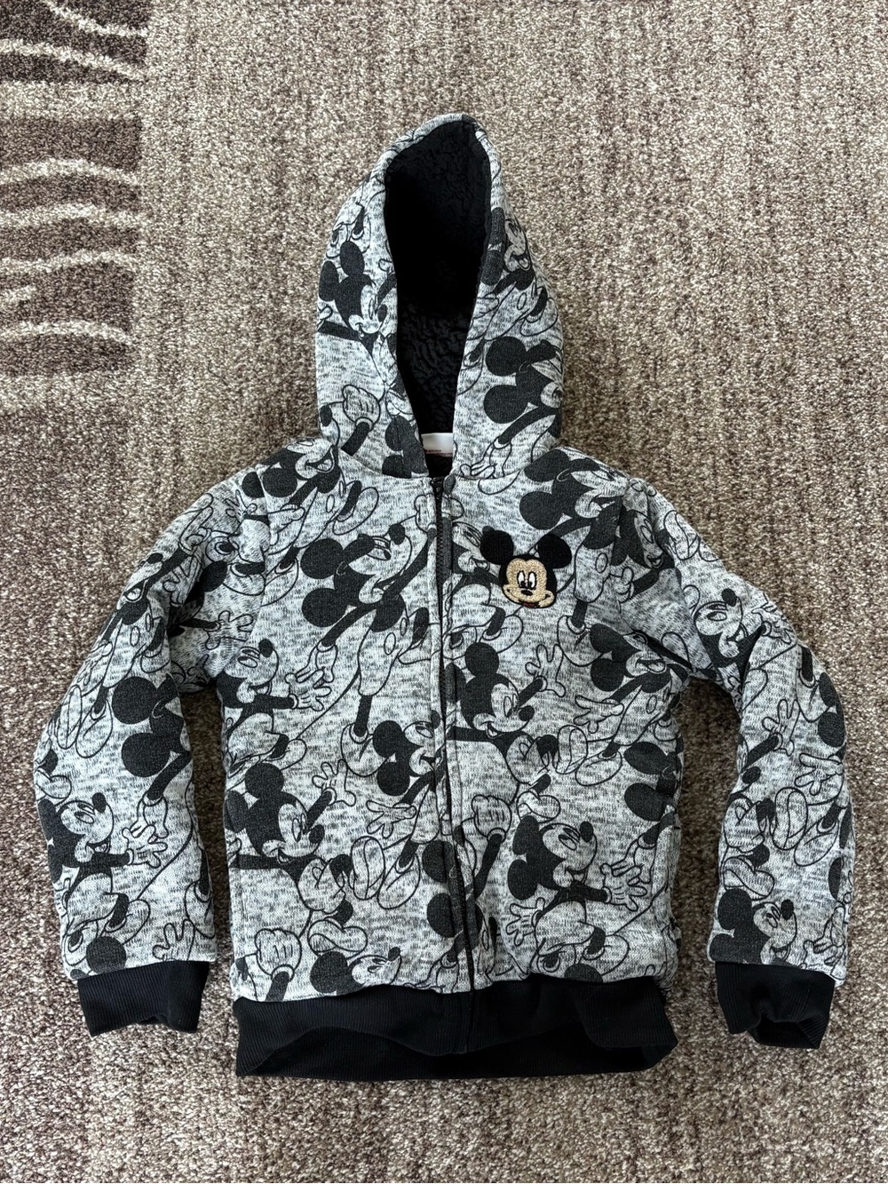 Mickey Mouse Fleece Lined Disney Junior Zip Up Hoodie Chenille Patch Youth Sz 7